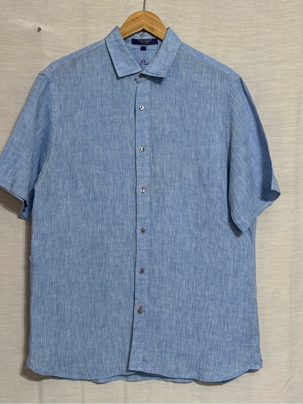 Alan Flusser Men’s Medium Blue Linen Cotton Short Sleeve Button Up Shirt